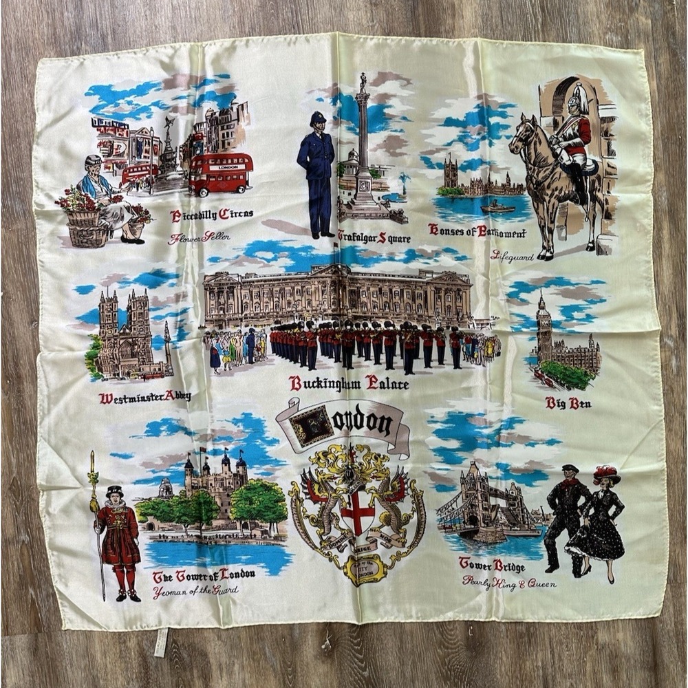 VTG Scarf London Souvenir Rolled Edge Landmark Scenes 30x30 Made Japan 1970s